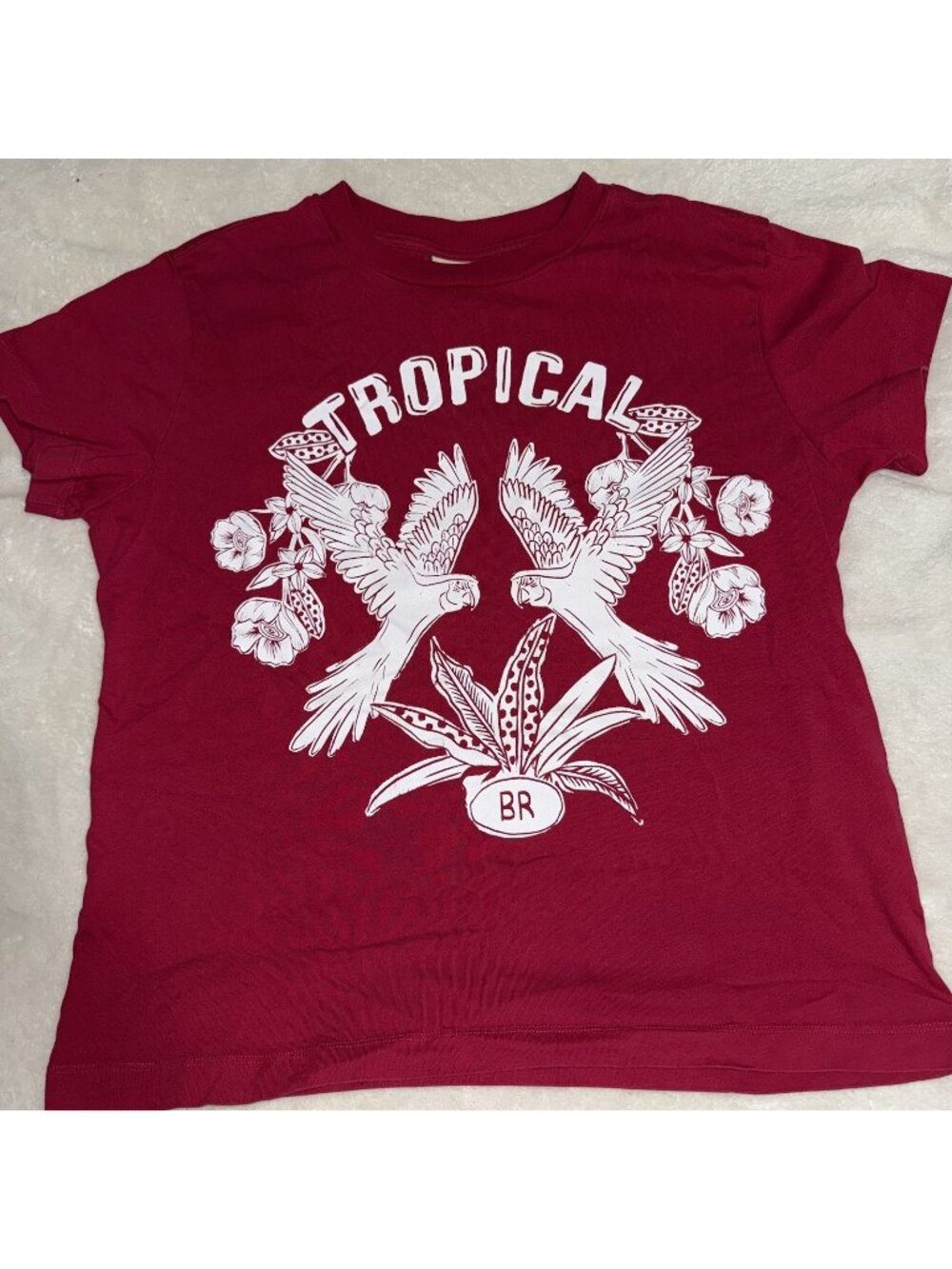 Farm Rio Tropical Parrot Graphic T Shirt Womens Small Red 100% Cotton Brazil